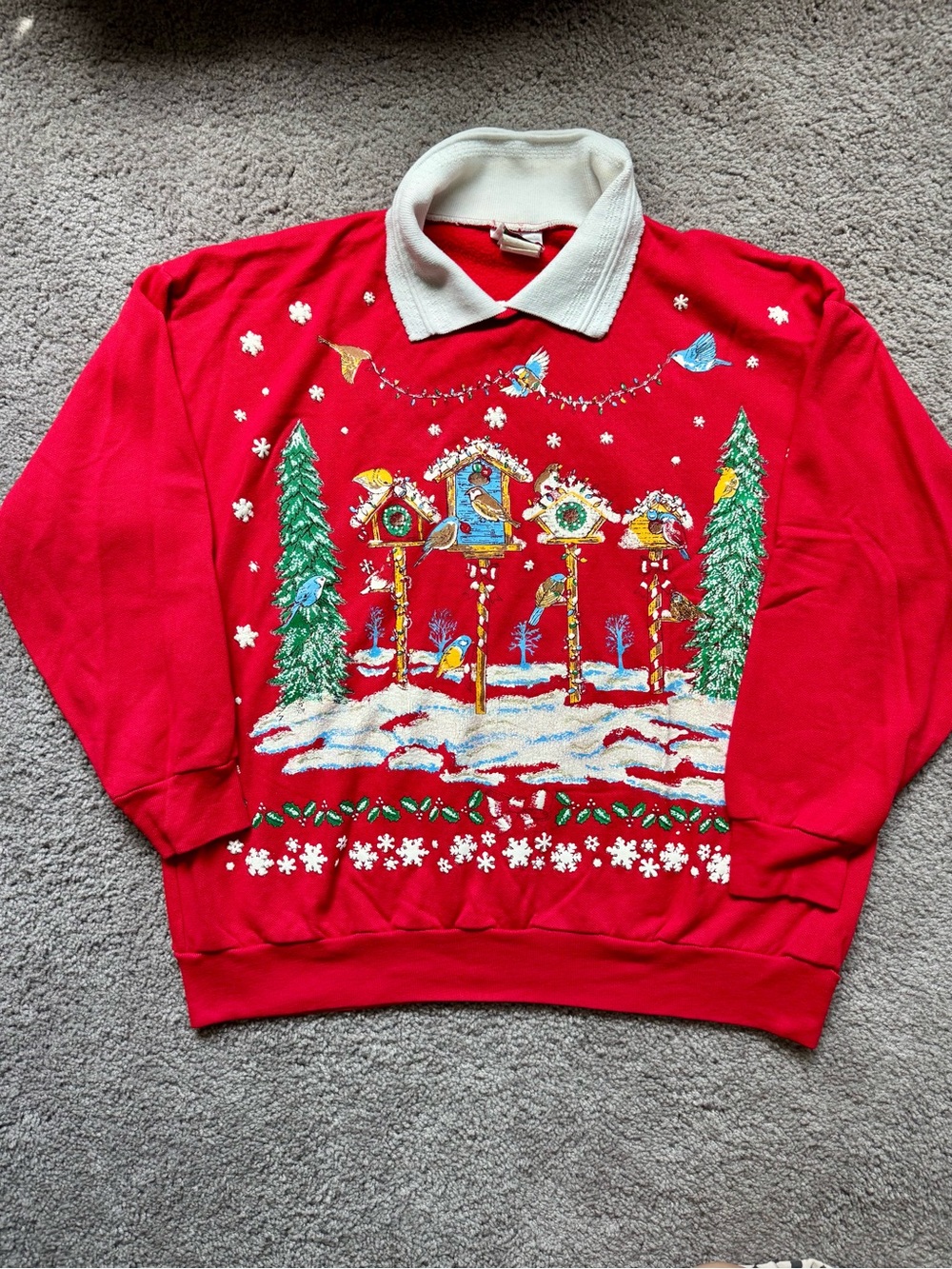 Vintage Holiday Puffy Birdhouse Sweater with Collar- Size L - Picture 2 of 7